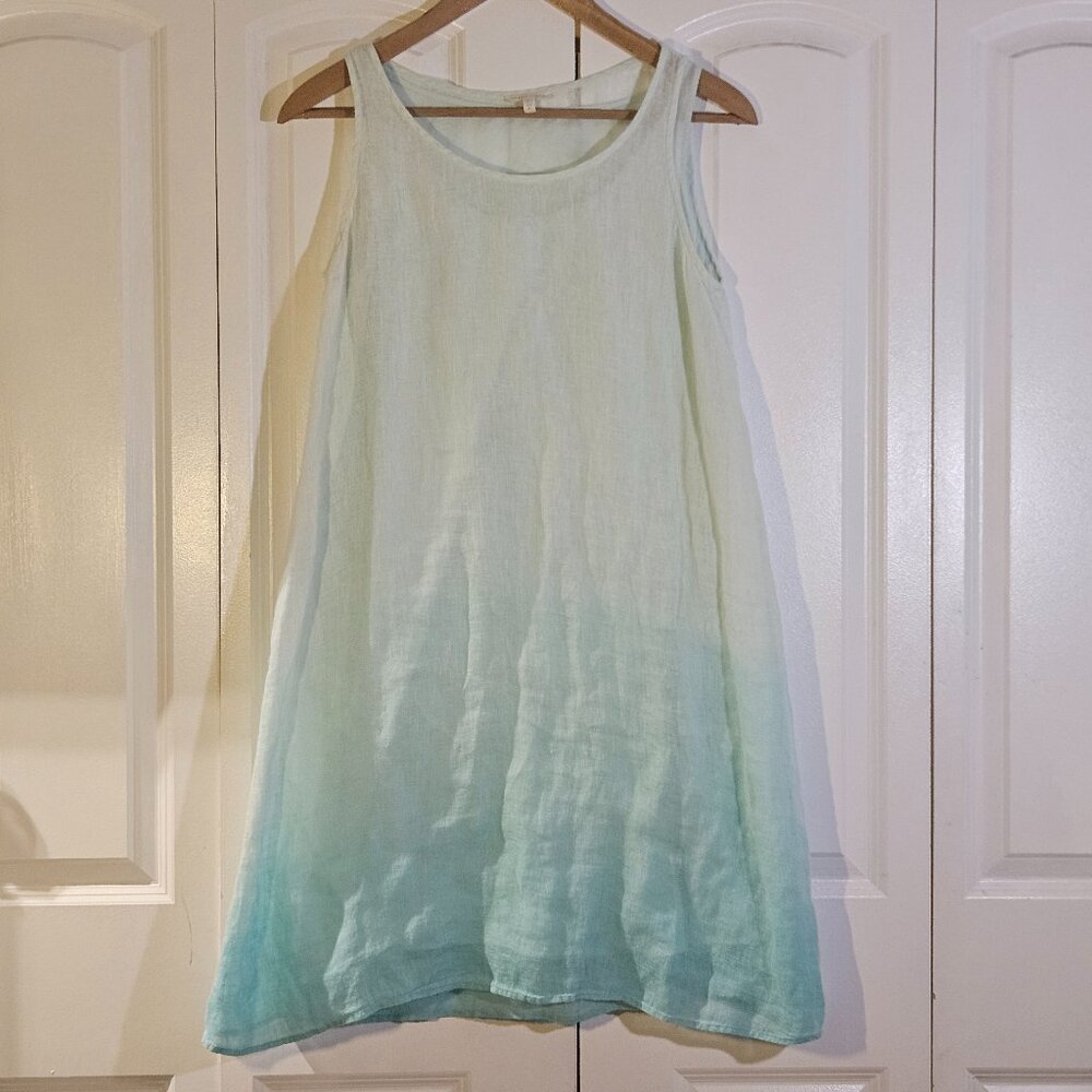 EILEEN FISHER Women's Dress 100% Linen Gauze Aqua Ombre Dress w/Slip Luxury $278
